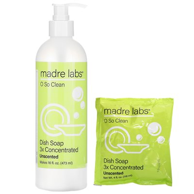 Madre Labs, mydła naczynia, koncentrat 3x, bezzapachowy, 1 torebka + butelka wielokrotnego użytku, 4 fl oz (118 ml) Madre Labs, mydła naczynia, koncentrat 3x, bezzapachowy, 1 torebka + butelka wielokrotnego użytku, 4 fl oz (118 ml)