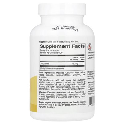 Super Nutrition, L-glutamina, 750 mg, 120 kapsułek wegetariańskich