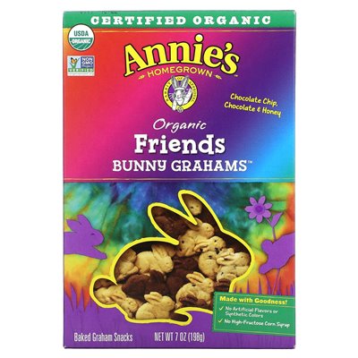 Homegrown, Organic Friends Baked Bunny Graham Snacks, Chocolate Chip, Chocolate & Honey, 7 oz (198 g)