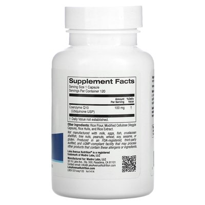 Lake Avenue Nutrition, COQ10, Ubikinon klasy USP, 100 mg, 120 kapsułek wegetariańskich Lake Avenue Nutrition, COQ10, Ubikinon klasy USP, 100 mg, 120 kapsułek wegetariańskich