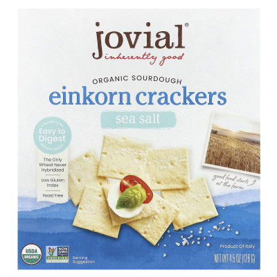 Jovial, organiczne krakersy einkorn, sól morska, 4,5 uncji (128 g) Jovial, organiczne krakersy einkorn, sól morska, 4,5 uncji (128 g)