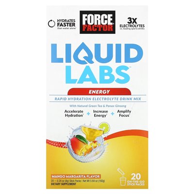 Współczynnik siły, Energia Liquid Labs ™, mieszanka napojów elektrolitów szybkiego nawodnienia, margarita mango, 20 paczek, 0,28 Współczynnik siły, Energia Liquid Labs ™, mieszanka napojów elektrolitów szybkiego nawodnienia, margarita mango, 20 paczek, 0,28