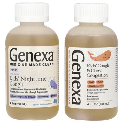 Genexa, Kaszel i przeciążenie dla dzieci i klatki piersiowej w wieku 4+, Kids 'Nighttime Kaszel w wieku 6+, organiczna jagoda, 2