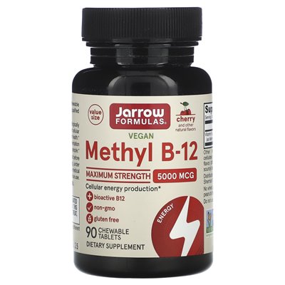 Formuły jarrow, wegańskie metyl B-12, maksymalna wytrzymałość, wiśnia, 5000 mcg, 90 tabletek do żucia