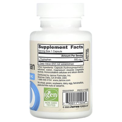 Jarrow Formulas, L-Tryptophan, 500 mg, 60 Veggie Capsules Jarrow Formulas, L-Tryptophan, 500 mg, 60 Veggie Capsules