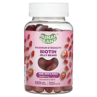 Human Beanz, fasola galaretowa biotyny, maksymalna wytrzymałość, Strawberry Blast, 2500 mcg, 120 żelki