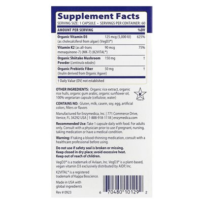 Enzymedica, vitamin D3 + vitamin K2, 60 capsules