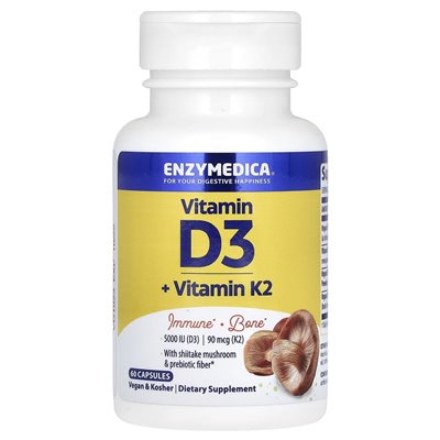 Enzymedica, vitamin D3 + vitamin K2, 60 capsules