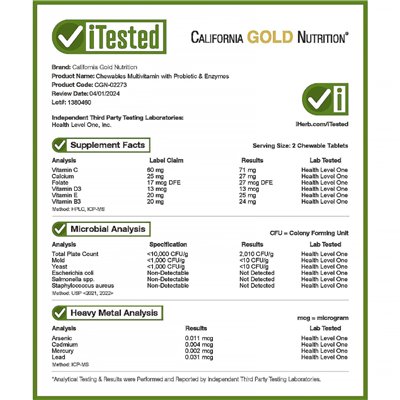 California Gold Nutrition, multiwitaminy do żucia z probiotykami i enzymy dla dzieci, różne owoce, 120 wegetariańskich tabletek California Gold Nutrition, multiwitaminy do żucia z probiotykami i enzymy dla dzieci, różne owoce, 120 wegetariańskich tabletek