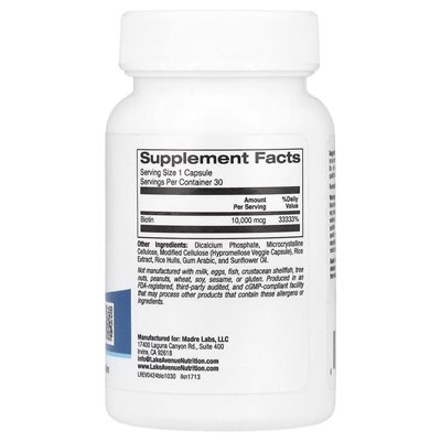 Lake Avenue Nutrition, Biotin, 10,000 mcg, 30 Vegetarian Capsules
