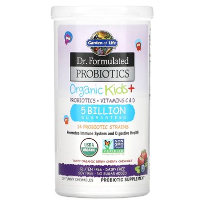 Garden of Life, Dr sformułowane probiotyki, organiczne dzieci +, smaczne ekologiczne wiśni jagód, 30 pysznych żuć