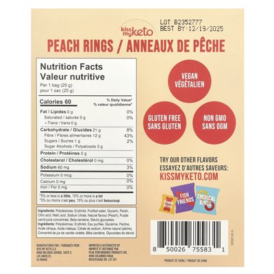 Pocałuj moje keto, gumowate cukierki, pierścienie brzoskwini, 8 toreb, 0,88 uncji (25 g) każdy
