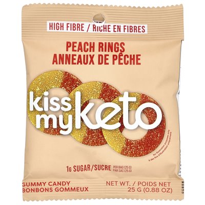 Pocałuj moje keto, gumowate cukierki, pierścienie brzoskwini, 8 toreb, 0,88 uncji (25 g) każdy