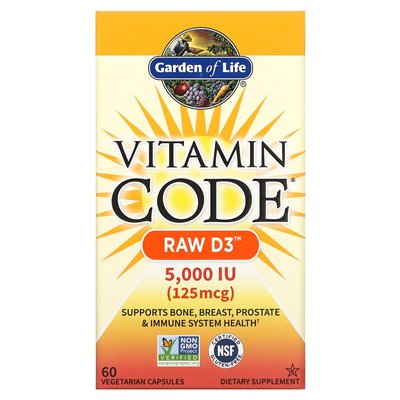 Garden of Life, Vitamin Code, Raw D3, 125 MCG (5000 IU), 60 Vegetarian Capsules