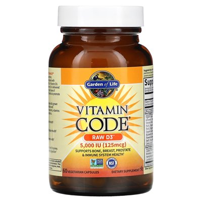 Garden of Life, Vitamin Code, Raw D3, 125 MCG (5000 IU), 60 Vegetarian Capsules