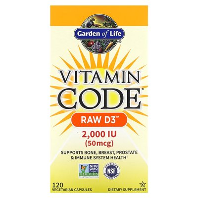 Garden of Life, kod witaminy, Raw D3, 50 mcg (2000 IU), 120 kapsułek wegetariańskich