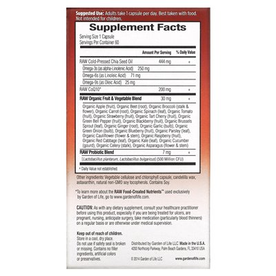 Garden of Life, Raw CoQ10, 200 mg, 60 wegańskich kapsułek