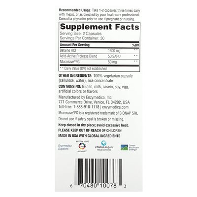 Enzymedica, fast acting betaine HCL, 60 capsules