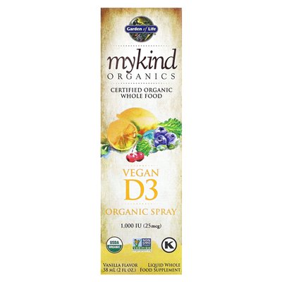Garden of Life, Mykind Organics, veganes D3-Bio-Spray, wanilia, 25 mcg (1000 IE), 2 fl oz (58 ml)