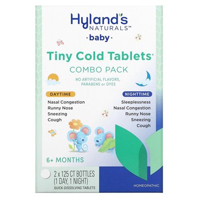 Hyland's Naturals, Baby, Tiny Cold Tablets Pack, dzień/noc, 6+ miesięcy, 2 butelki, 125 tabletek szybkiego rozpadu Hyland's Naturals, Baby, Tiny Cold Tablets Pack, dzień/noc, 6+ miesięcy, 2 butelki, 125 tabletek szybkiego rozpadu