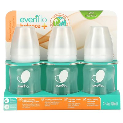 Nawetflo karmienie, równowaga+ butelki, standard, 0+ miesięcy, powolny przepływ, 3 butelki, 4 uncje (120 ml)