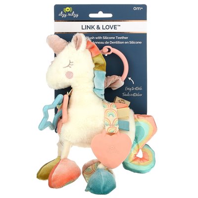 Itzy Ritzy, Link &amp Love, Plush Activity z silikonowym grozem, 0+ miesięcy, jednorożec, 1 Teether