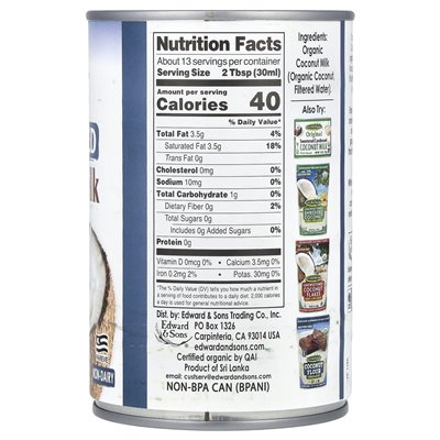Edward & Sons, Let's Organic®, Bio-Kokosmilch, ungesüßt, 13,5 Fl Oz (398 ml)
