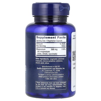 Rozszerzenie życia, czapki magnezu, 500 mg, 100 kapsułek wegetariańskich
