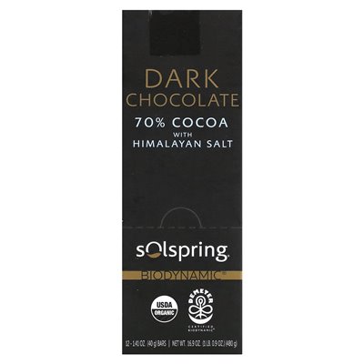 Dr. Mercoli, Solspring, Biodynamisch, Zartbitterschokoladeriegel, 70 % Kakao mit Himalaya-Salz, 12 Riegel, je 40 g