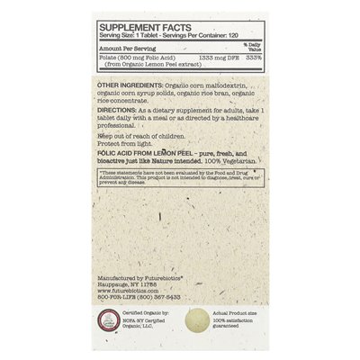 FutureBiotics, kwas foliowy z skórki cytrynowej, 800 mcg, 120 organicznych tabletek wegetariańskich FutureBiotics, kwas foliowy z skórki cytrynowej, 800 mcg, 120 organicznych tabletek wegetariańskich