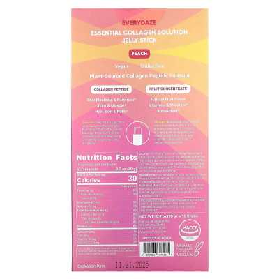 Everydaze, Essential Collagen Solution Jelly Stick, Peach, 3000 mg, 10 sticks, 0.7 oz (20 g) each
