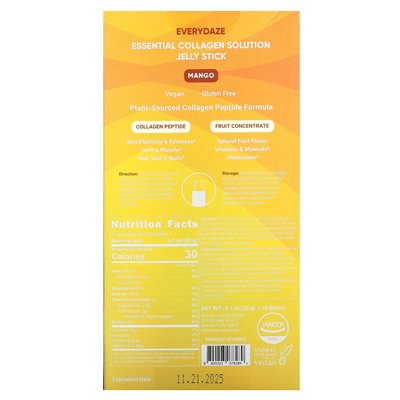 Everydaze, Essential Collagen Solution Jelly Stick, Mango, 3000 mg, 10 Sticks, je 0,7 oz (20 g)