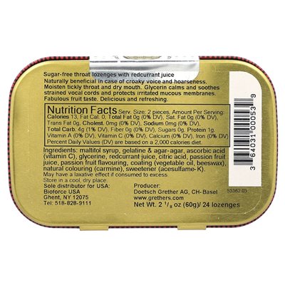 Pastilles Grether, dla gardła i głosu, bez cukru, redcurrant, 24 pasenges, 2 1/8 uncji (60 g)