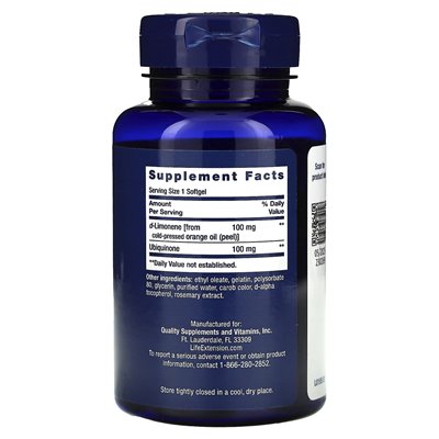 Rozszerzenie życia, super-absorbable COQ10 (ubichinon) z d-limonenem, 100 mg, 60 miękkich