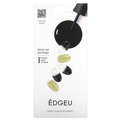 Edgeu, Perfect Gel Nails, Ena 914 Glam Black French, 19-piece set