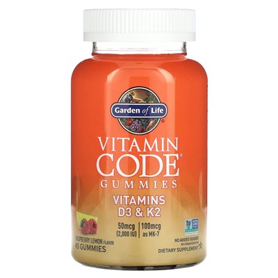 Ogród życia, gumie kodu witaminowego, witaminy D3 i K2, Raspberry Lemon, 45 Gummies