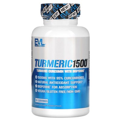 Evlution Nutrition, Turmeric1500, Kurkuma-Curcumin mit Bioperine, 90 vegetarische Kapseln