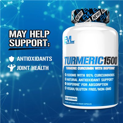 Evlution Nutrition, Turmeric1500, Kurkuma-Curcumin mit Bioperine, 90 vegetarische Kapseln