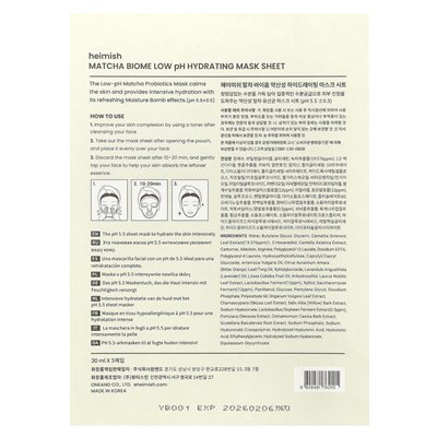 Heimish, Matcha Biome, Niski PH Hydrating Beauty Mask, 5 arkuszy, 30 ml każdy