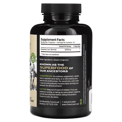 Leśny liść, wątroba wołowa karmiona trawą, 750 mg, 180 kapsułek