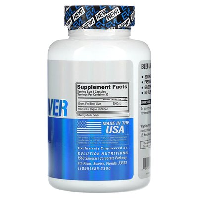 EVLution Nutrition, Wątroba wołowa, 3000 mg, 120 kapsułek (750 mg na kapsułkę)
