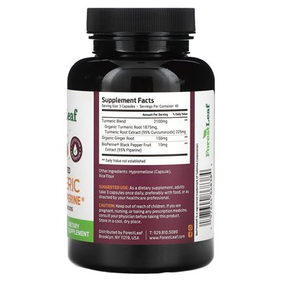 Leśny liść, zaawansowany imbir kurkumy + bioperina, 2265 mg, 120 kapsułek warzywnych (755 mg na kapsułkę)