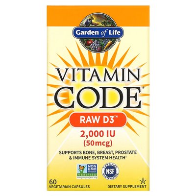 Garden of Life, kod witaminy, Raw D3, 50 mcg (2000 IU), 60 kapsułek wegetariańskich Garden of Life, kod witaminy, Raw D3, 50 mcg (2000 IU), 60 kapsułek wegetariańskich