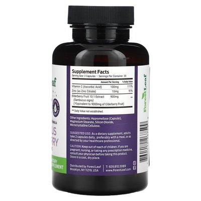 Leśny liść, zaawansowany Sambucus Elderberry + cynk i witamina C, 9 000 mg, 60 kapsułek warzywnych (4500 mg na kapsułkę)