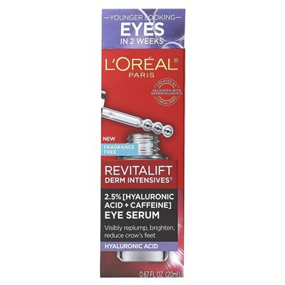 L'Oréal, Revitalift Derm Intensywne, 2,5 % [kwas hialuronowy + kofeina] surowica oka, bez zapachu, 0,67 fl oz (20 ml)