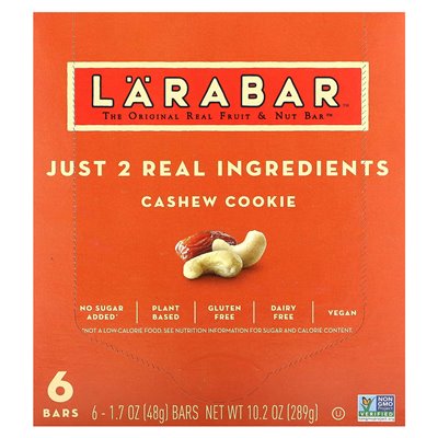Larabar, oryginalny prawdziwy bar z owocami i orzechami, ciasteczka nerkowca, 6 barów, 1,7 uncji (48 g) każdy