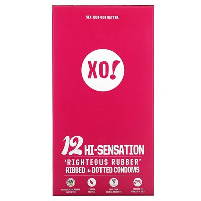 Here We Flo, XO! Hi-Sensation, Righteous Rubber Ribbed + Dotted Condoms, Unscented, 12 Condoms