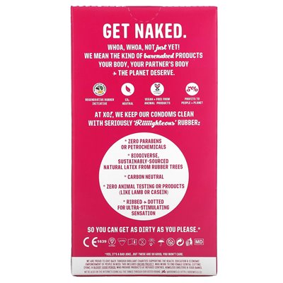 Here We Flo, XO! Hi-Sensation, Righteous Rubber Ribbed + Dotted Condoms, Unscented, 12 Condoms