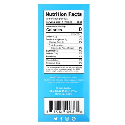 Health Garden, Sugarless, Erythritol Stevia, 40 Packs, 0.21 oz (6 g)