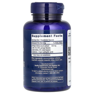Life Extension, Ginkgo Biloba, certyfikowany ekstrakt, 120 mg, 365 kapsułek wegetariańskich